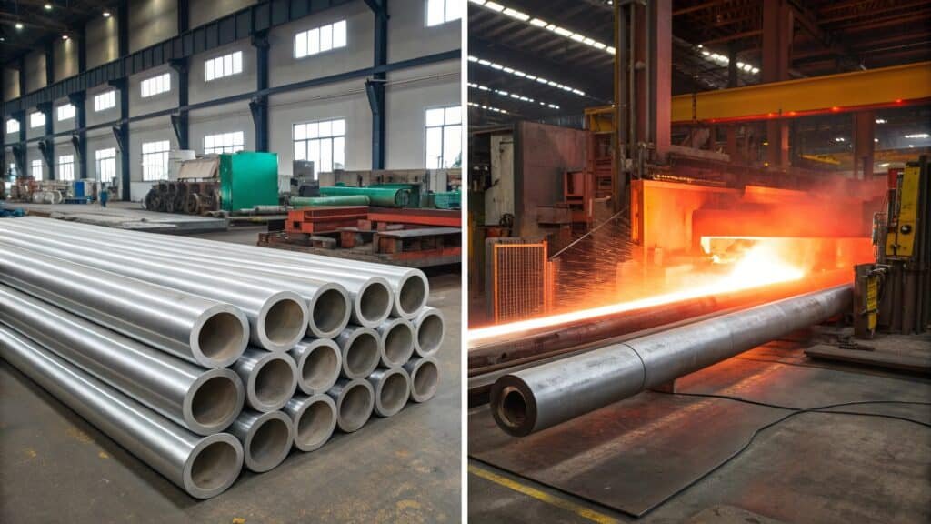 A simple three-step infographic: 1. Heating a metal billet. 2. Compressing it in a forge. 3. The finished, strong part.